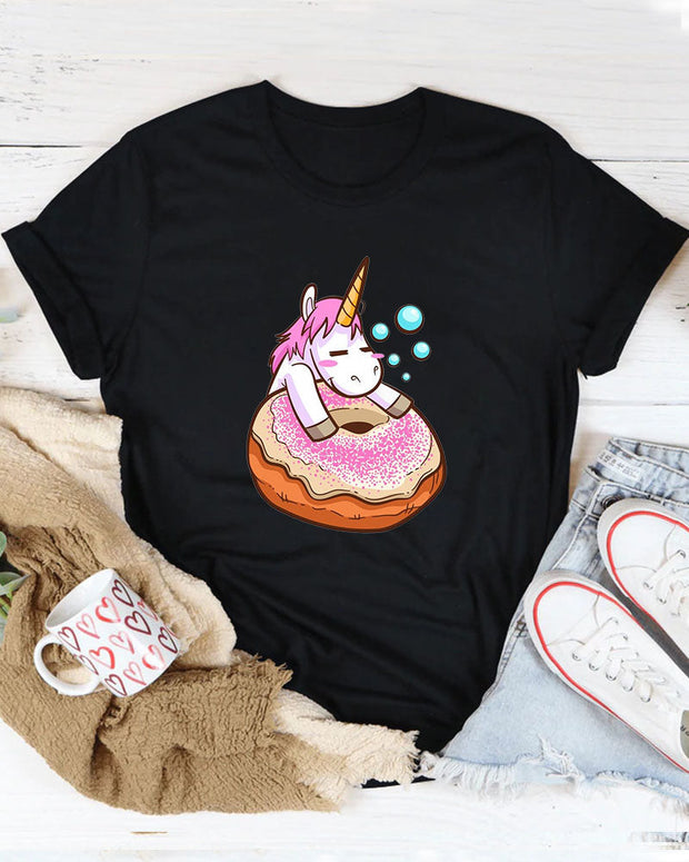 Unicorn Donut Print   Women Casual T Shirt