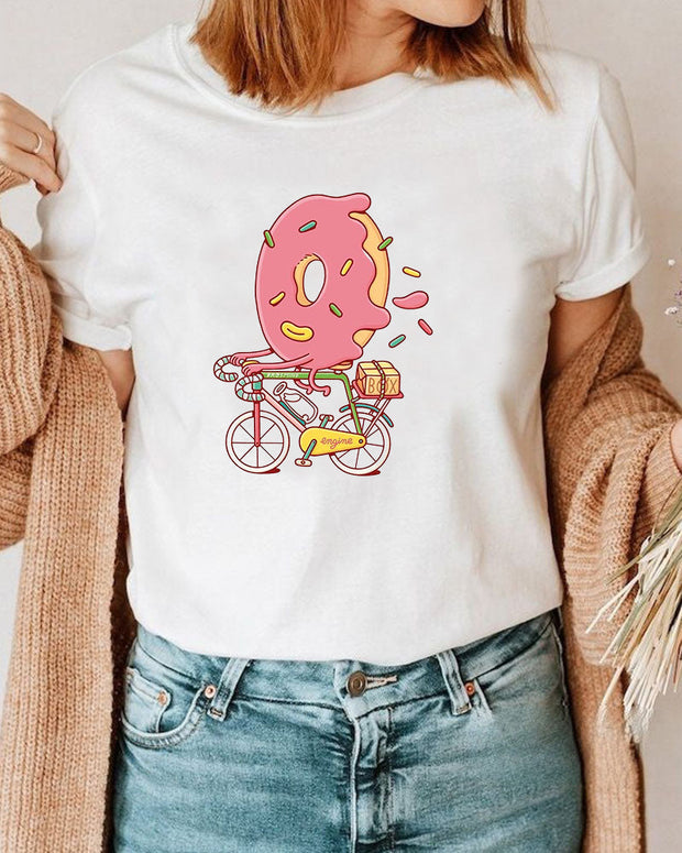 Bicycle Donut Print Casual Cotton T Shirt