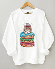 Women Cat & Donut Print Casual Sweatshirt