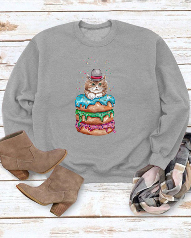 Casual Crew Neck Cat Animal Donut Print  Sweatshirt