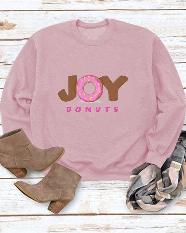 Joy Donut Print Casual Crew Neck Christmas Sweatshirt