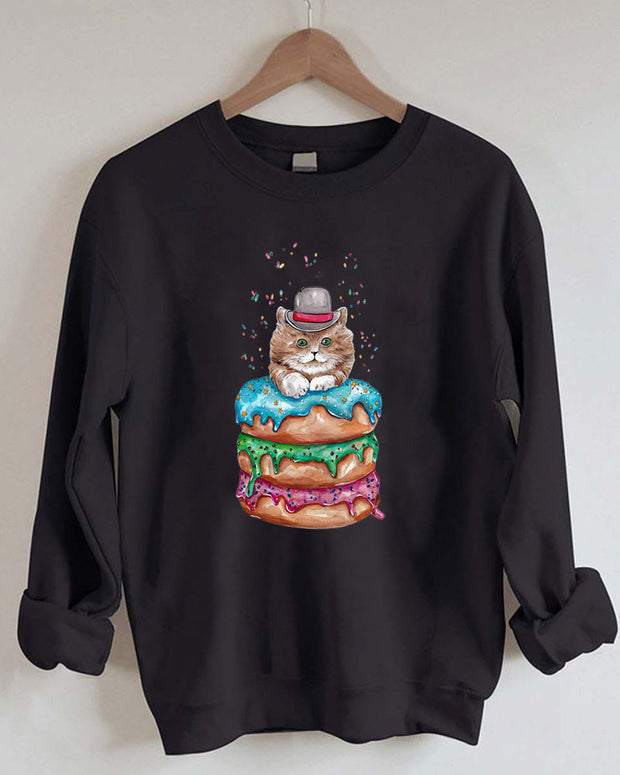 Cute Cat & Donut  Animal Print Women Casual Sweatshirt
