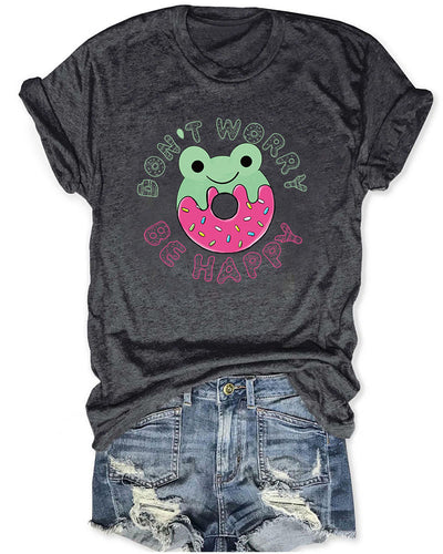 Cute Frog Donut Worry Be Happy Printed T-Shirt