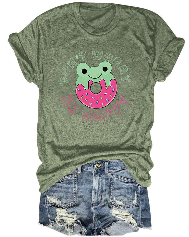 Cute Frog Donut Worry Be Happy Printed T-Shirt