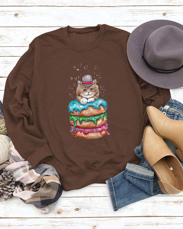 Casual Crew Neck Cat Animal Donut Print  Sweatshirt