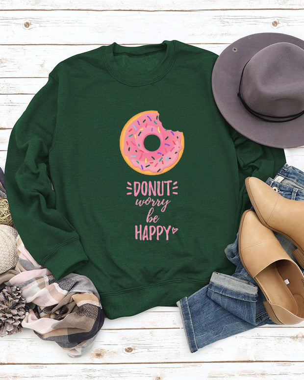 Don't Worry Be Happy  Donut Print Casual Crew Neck Christmas Sweatshirt