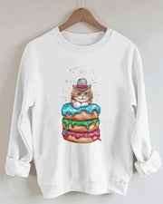 Women Cat Donut Print Casual Sweatshirt